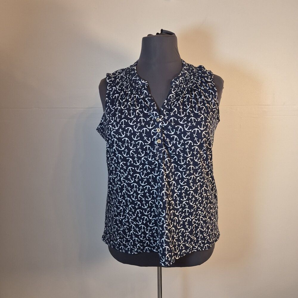 Caribbean Joe Women's Anchor Blouse Size 1X Blue White Nautical Sleeveless
